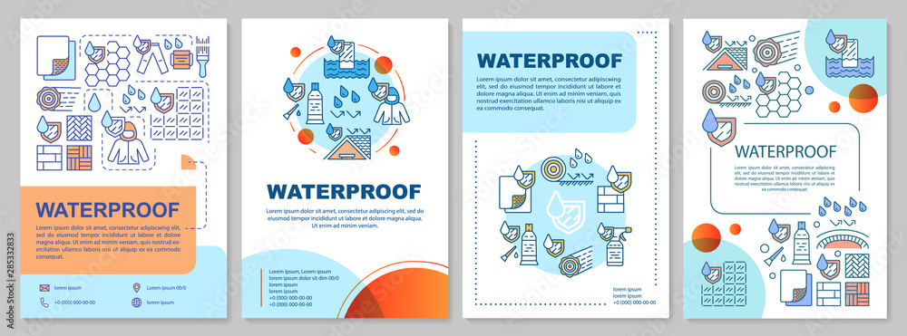 Naklejka premium Waterproof material brochure template layout. Flyer, booklet, leaflet print design with linear illustrations. Hydrophobic fabric. Vector page layouts for magazines, annual reports, advertising posters