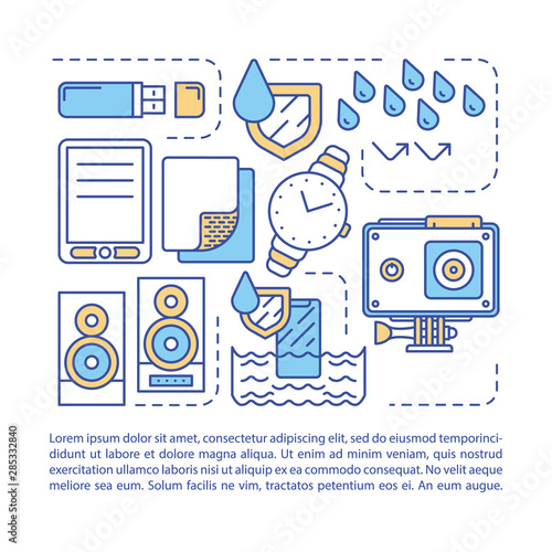 Waterproof, water resistant electronics article page vector template. Brochure, magazine, booklet design element with linear icons and text boxes. Print design. Concept illustrations with text space
