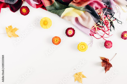 Autumn cozy composition. Dry leaves  flowers  checkered plaid on white background. Fall concept. Autumn background. Flat lay  top view  copy space
