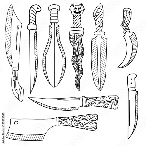 Kit witch ritual knives with various ornaments. Vector. Doodle. Sketch