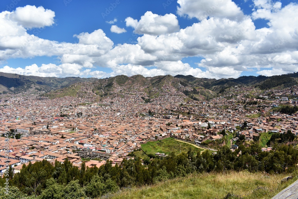 Aerial view of Cusco city, Peru. Cusco is a city in southeastern Peru, near the Urubamba Valley (Sacred Valley) of the Andes mountain range.