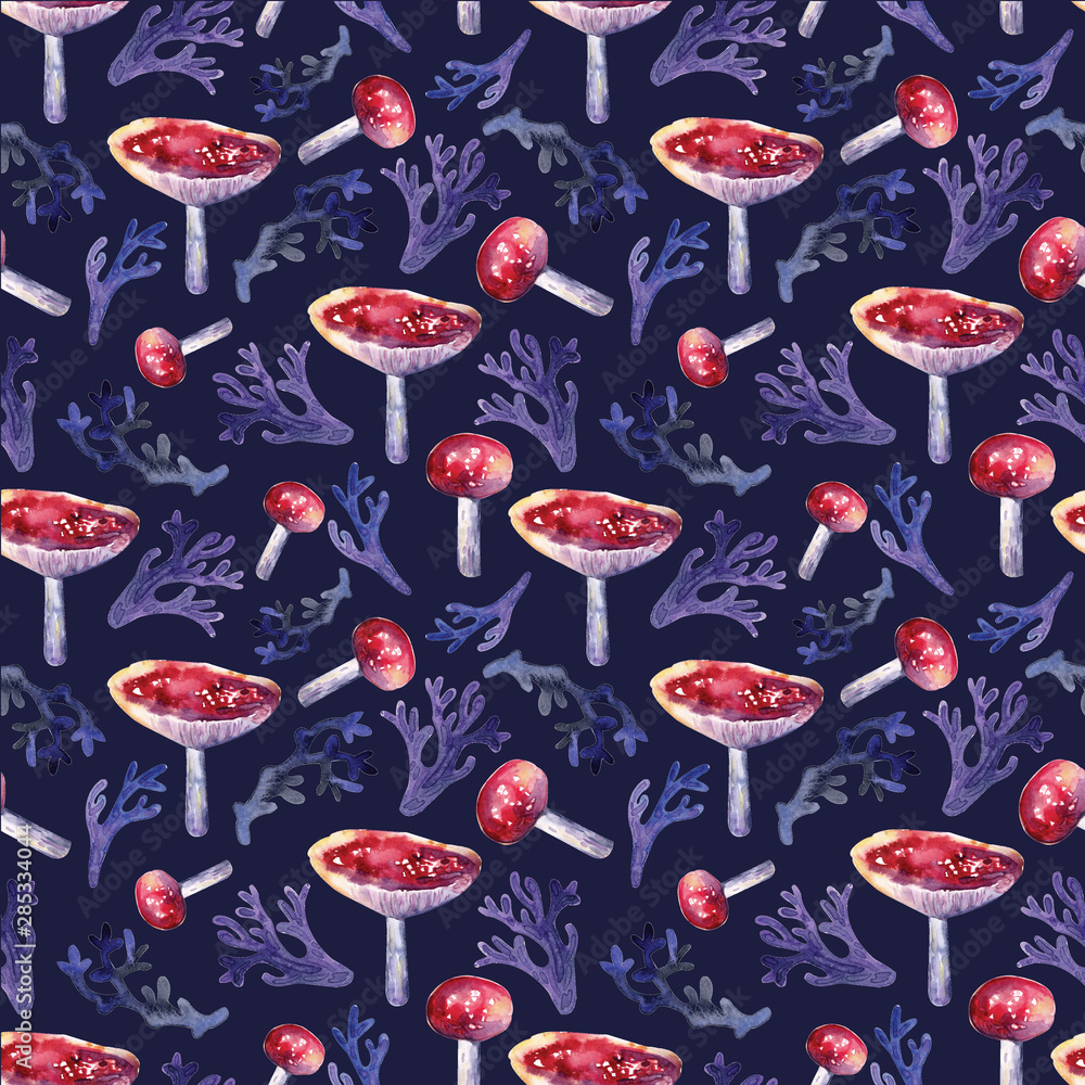 Seamless pattern watercolour of Amanita, forest, grass, moss. Seamless background with natural elements. Hand painted illustration with mushrooms and herbs. Elegant design for packaging, fabric, texti Seamless pattern watercolour of Amanita, forest, grass, moss. Seamless background with natural elements. Hand painted illustration with mushrooms and herbs. Elegant design for packaging, fabric, texti