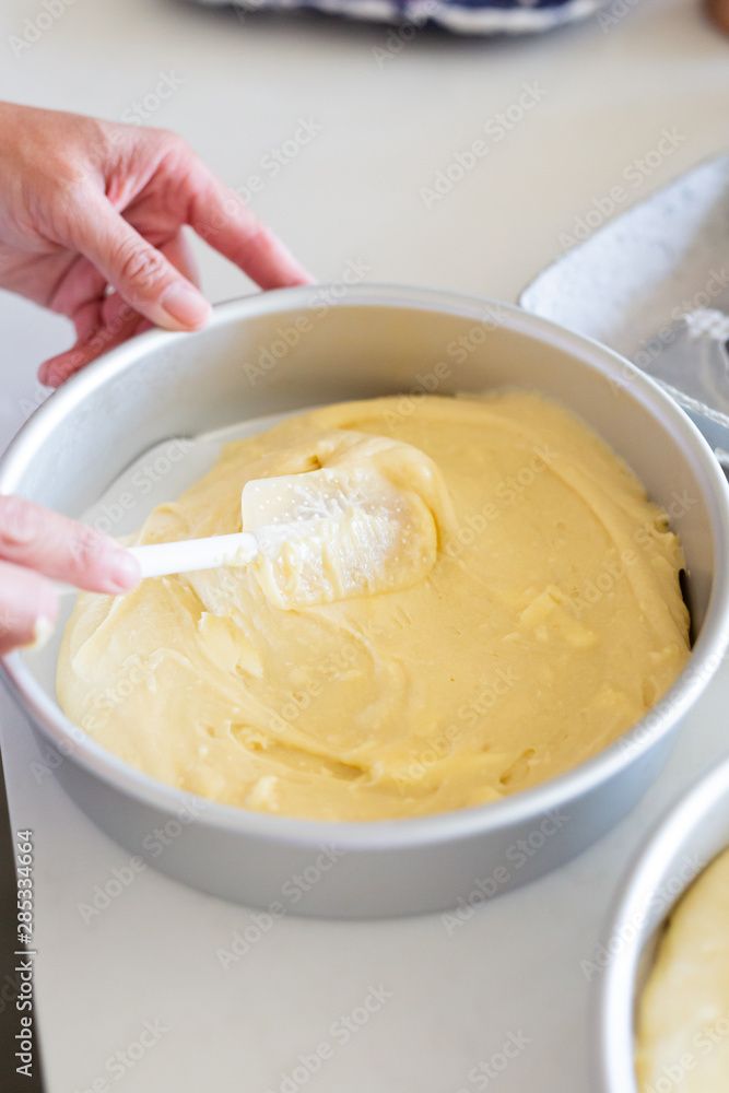 woman spreading batter with spatula in cake pan woman spreading batter with spatula in cake pan