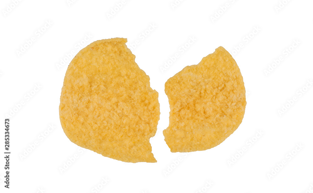 broken potato chips isolated on white background, top view. broken potato chips isolated on white background, top view.