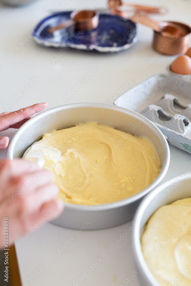 woman spreading batter with spatula in cake pan woman spreading batter with spatula in cake pan