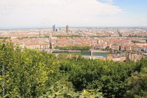 Panoramic view of the city of Lyon, taken from the basilica of Notre-Dame de Fourviere's roof, France photo