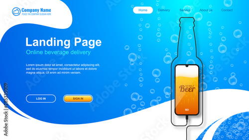 Online beverage delivery website page. The smartphone is charging. The wire forms the silhouette of a beer bottle. Vector eps10.
