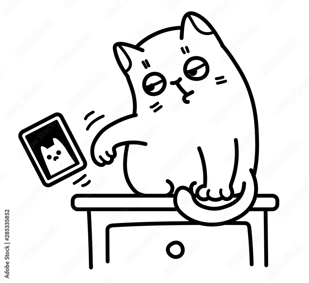 Vector Outline Black And White Drawing Of A Cute Cat Pushing A Framed