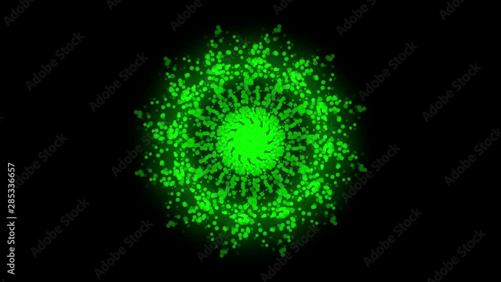3d Illustration, The dispersion from the center of the green circular pellet has a recursive pattern. 3d Illustration, The dispersion from the center of the green circular pellet has a recursive pattern.