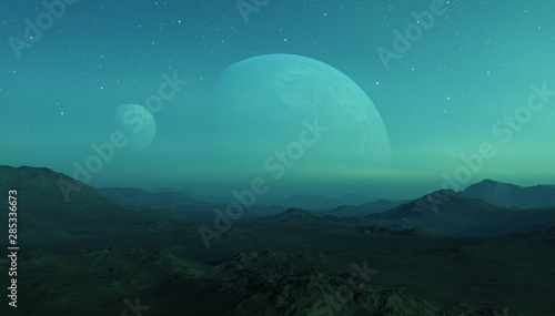 3d rendered Space Art: Alien Planet - A Fantasy Landscape with two planets