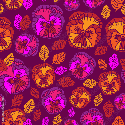 Pensy Delight Flowers Abstract-Flowers in Bloom seamless repeat pattern in pink ,orange,burgundy, yellow. Vivid and fresh Pensy Flowers Pattern Background. Flowers surface pattern design, perfect for photo