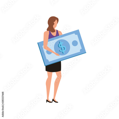 young woman with bills dollars character