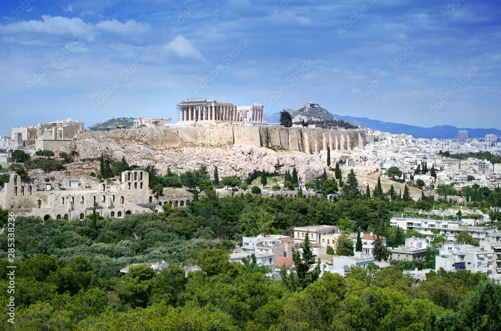 Panorama of Athens with Acropolis, Greece. Scenic view of remains of antique Athens city.