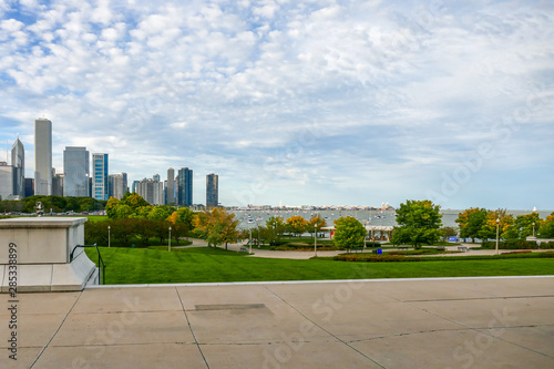 From Chicago park view to see cityscape building and michigan lake.