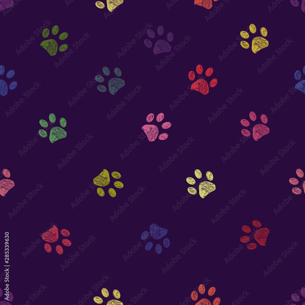 Vibrant colorful doodle paw prints. Seamless for textile design with purple background pattern