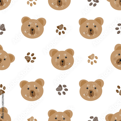 Brown doodle paw print and teddy bear pattern. Seamless pattern for textile design