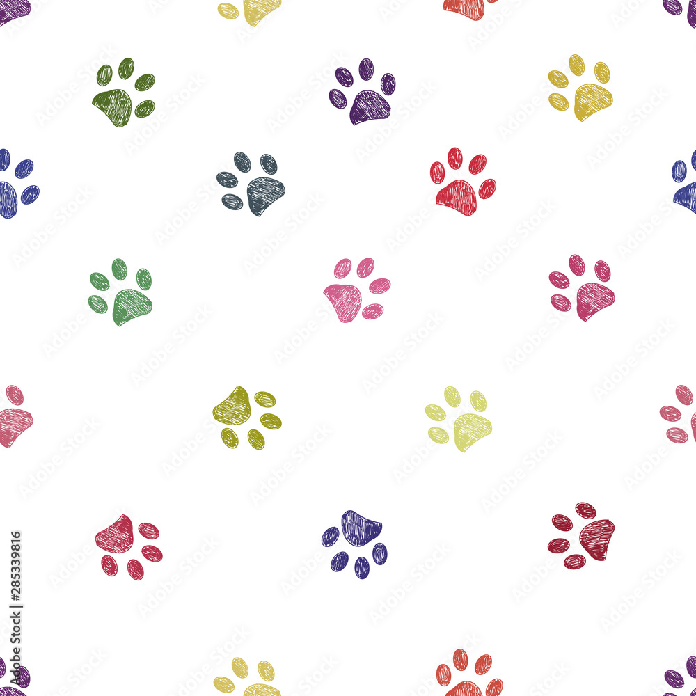 Vibrant colorful doodle paw prints. Seamless for textile design pattern