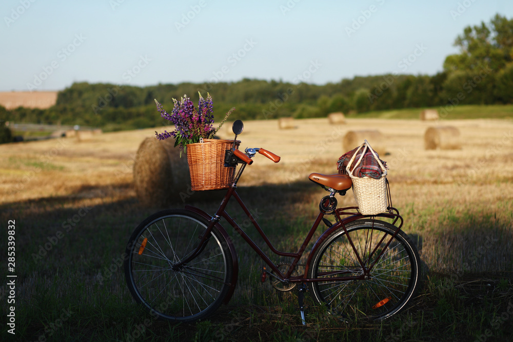 romantic retro bike with basket full of flowers in rural landscape