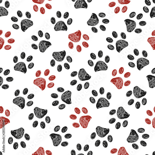 Seamless pattern for textile design. Seamless doodle black and red paw prints pattern