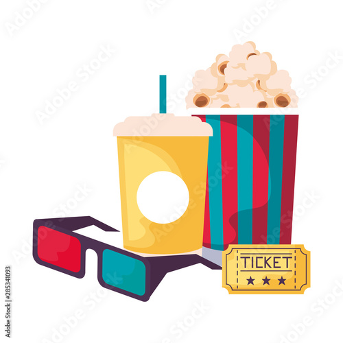 cinema eyeglasses with drink and popcorn