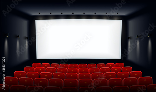 Empty movie theatre. Cinema hall with white screen and red chairs. Modern movies theater for festivals and films presentation. Interior design. Online cinema concept. Vector illustration.