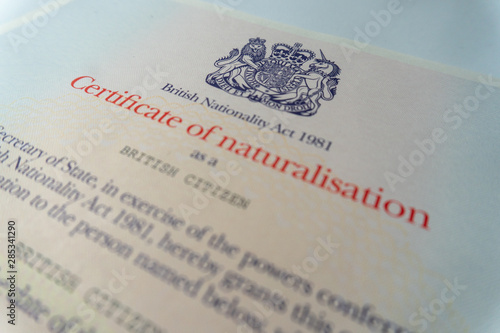 Official certificate of naturalisation awarded to new British Citizens