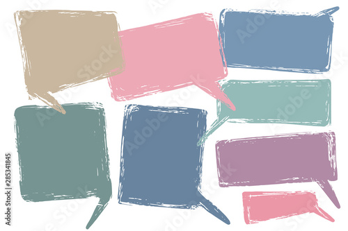 Hand drawn callout clouds. Speech bubbles various shapes and colors . Vector textured elements for designs.