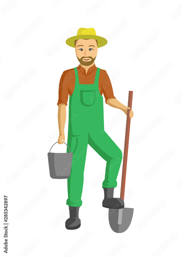 Farmer illustration set of two. Man with shovel and bucket Farmer illustration set of two. Man with shovel and bucket