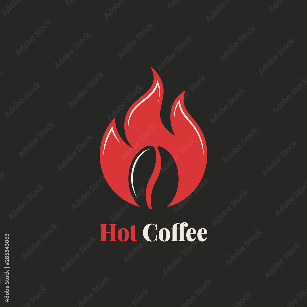 Coffee bean with fire flame. Hot coffee logo Coffee bean with fire flame. Hot coffee logo