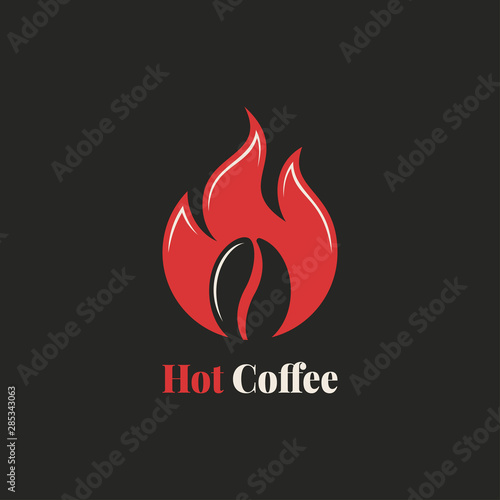 Coffee bean with fire flame. Hot coffee logo
