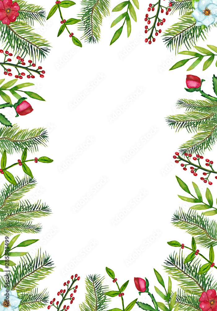 Watercolor Christmas frame with berries, fir branches, white and red flowers and place for text. Illustration for cards and invitations isolated on a white background.