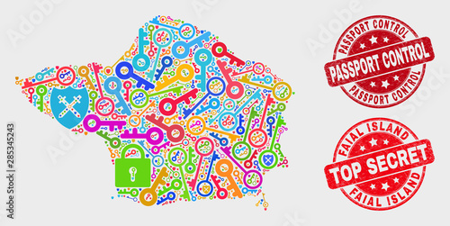 Safety Faial Island map and watermarks. Red round Top Secret and Passport Control grunge watermarks. Colorful Faial Island map mosaic of different access elements. Vector collage for safety purposes.