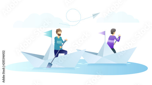 Young men on paper boats flat vector illustration. Company colleagues  sailors with paddles cartoon characters. Friendly competition  business rivalry metaphor. Rowing sport  regatta concept.