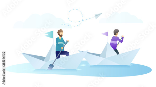 Young men on paper boats flat vector illustration. Company colleagues, sailors with paddles cartoon characters. Friendly competition, business rivalry metaphor. Rowing sport, regatta concept.