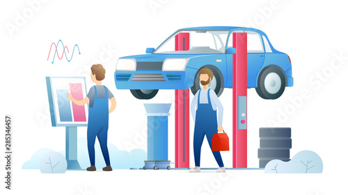Car maintenance service flat vector illustration. Repair station workers, mechanics in uniform cartoon characters. Professional automobile diagnostics workshop. Repairman working with terminal stand.