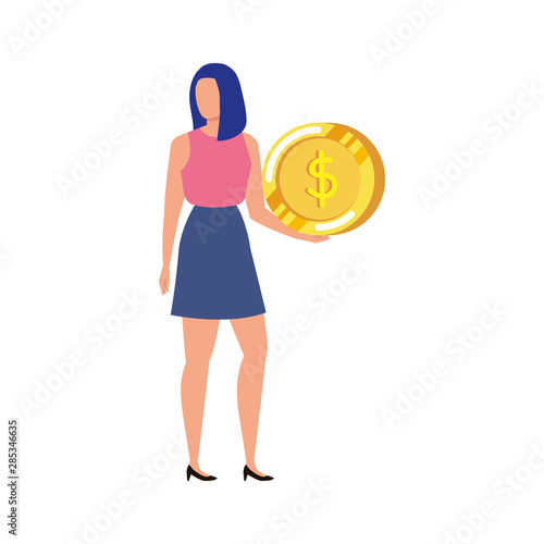 young woman with coins money character © Gstudio