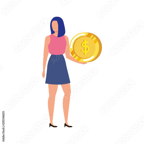 young woman with coins money character