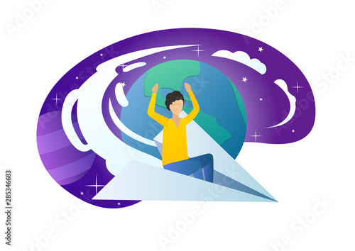 Man in paper airplane in space flat vector illustration. Tourist, traveller enjoying worldwide trip cartoon character. Businessman with raised hands excited about success, high achievements metaphor.