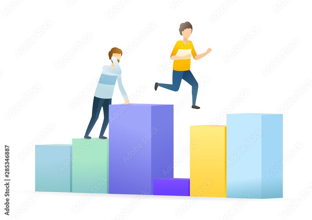 Workplace competition metaphor flat vector illustration. Cartoon workers, businessman jumping on chart tables. Rise and fall concept. Leader, winner reaching top, approaching to victory. Workplace competition metaphor flat vector illustration. Cartoon workers, businessman jumping on chart tables. Rise and fall concept. Leader, winner reaching top, approaching to victory.