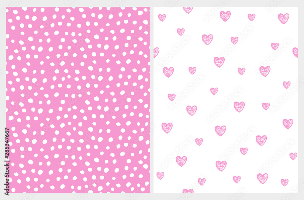 Hand Drawn Childish Style Vector Pattern Set. White Tiny Dots on a Pink Background. Pink Skteched Hearts Isolated On a White Layout. Cute Simple Geometric Design. Hand Drawn Childish Style Vector Pattern Set. White Tiny Dots on a Pink Background. Pink Skteched Hearts Isolated On a White Layout. Cute Simple Geometric Design.