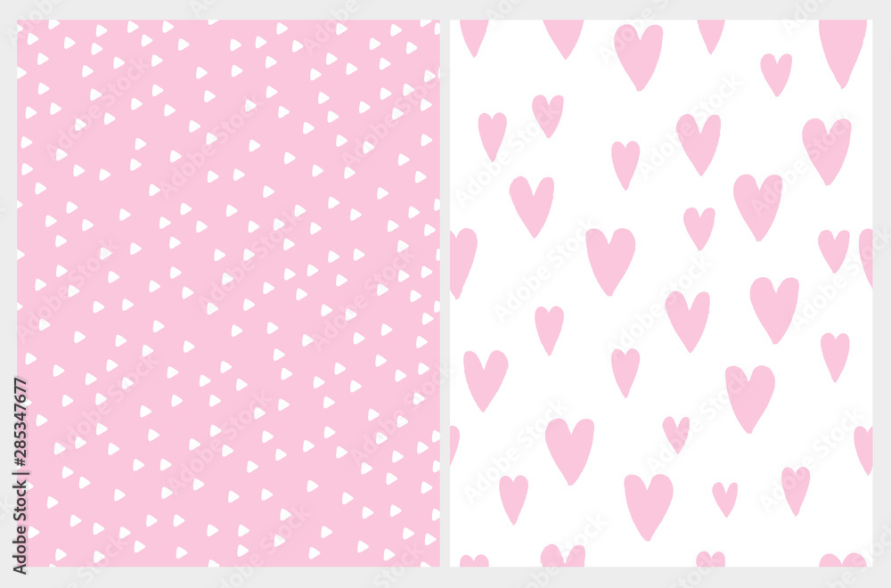 Hand Drawn Childish Style Vector Pattern Set. White Tiny Triangles on a Pink Background. Pink Hearts Isolated On a White Layout. Cute Simple Geometric Design.