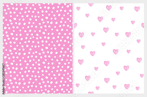 Hand Drawn Childish Style Vector Pattern Set. White Tiny Dots on a Pink Background. Pink Skteched Hearts Isolated On a White Layout. Cute Simple Geometric Design.