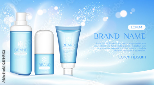 Winter cosmetic tubes stand on snow drift, bottles set mock up line , beauty cosmetics product blue bottles with white cap and snowflake, gel, cream, lotion. Realistic 3d vector illustration, banner