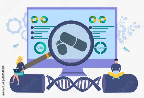 Scientists studying DNA and graphics with a magnifier on a laptop. Biotechnology, bioengineering concepts. Header Template