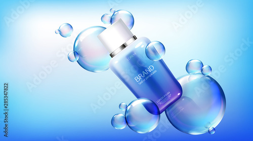 Cosmetic bottle mock up banner, beauty cosmetics product bottle with white cap on blue background with flying soap air bubbles. Micellar water, lotion packing design Realistic 3d vector illustration