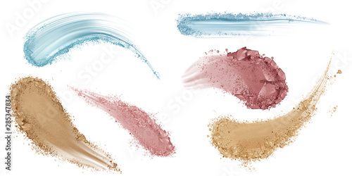 Skin foundation smears, dry powder, eye shadows makeup brush strokes set. Beauty make up cosmetics texture swatch, smudge trace samples isolated on white background. Realistic 3d vector illustration