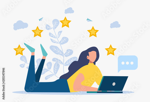 Colorful illustration on white background. The best performance score, a score of five. people leave reviews and comments, the highest rating for successful work. Vector flat illustration. © Tetiana