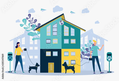 People walk with sabaks on the street in the city. Restrooms for dogs. Site template. Eco bags for dog care. Dog lovers.
