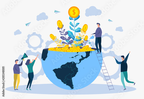 Look for a creative idea. Metaphor of a successful business. People grow money in the form of flowers from the hemisphere of the planet. Colorful vector illustration.