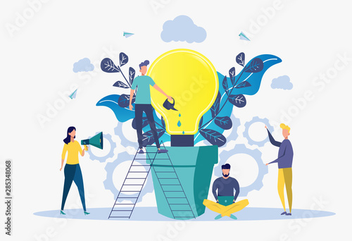 Metaphor of the birth of a creative business idea. business concept analysis. Vector illustration of people grow plants in pots.